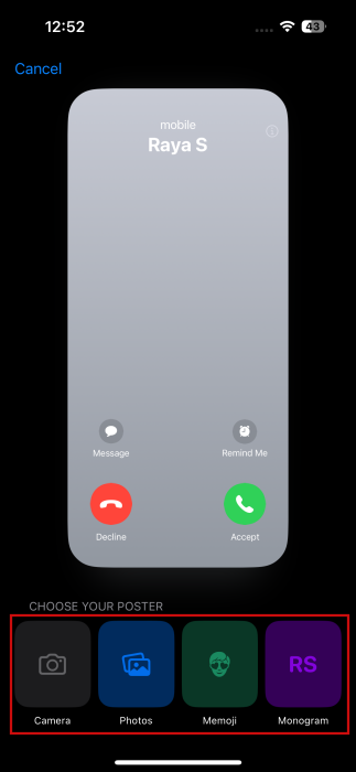 Choosing poster type for new Contact Poster on iPhone.
