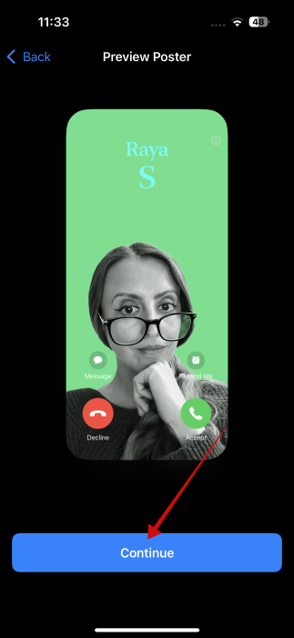 Pressing "Continue" to start using new Contact Poster on iPhone.