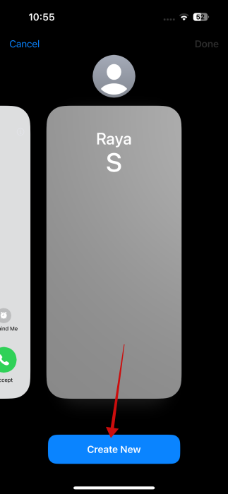 Tapping on "Create New" button for contact on iPhone.