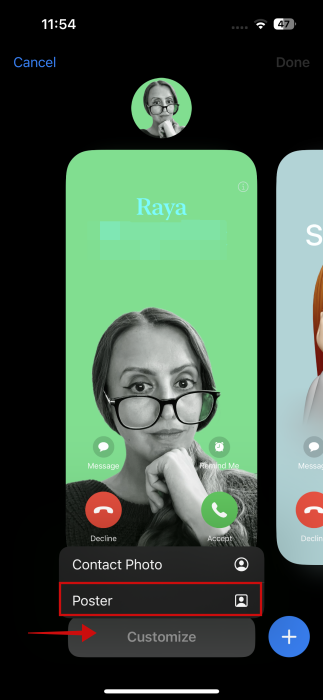 Selecting "Customize" for Contact Poster on iPhone.