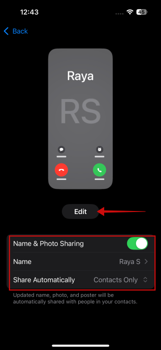 Pressing "Edit" button for new Contact Poster on iPhone.