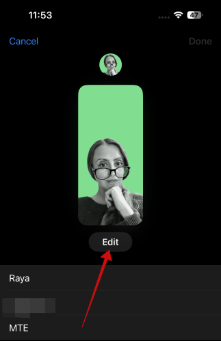 Pressing "Edit" button for contact on iPhone.