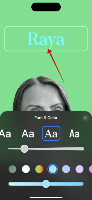 Selecting new font and color for Contact Poster on iPhone.