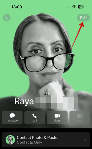 Tapping on "Edit" button on contact page on iPhone.