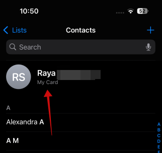 Pressing on "My Card" in iPhone Contacts app.