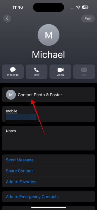 Tapping on "Contact Photo & Poster" for other contact on your iPhone.