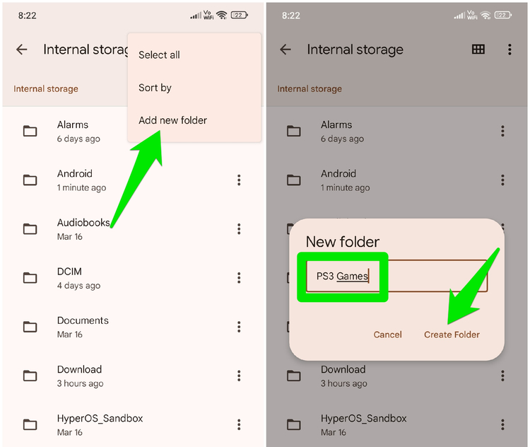 Creating a new folder in Android with PS3 Games name