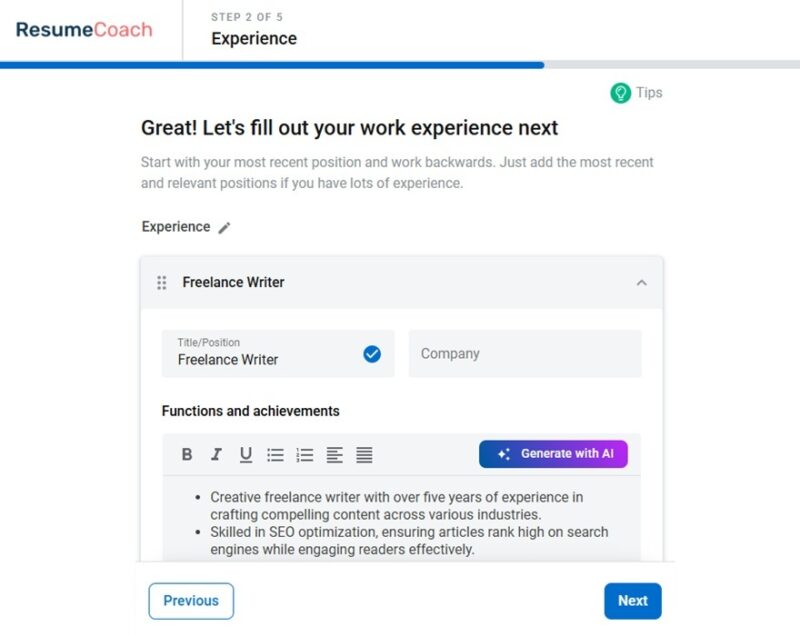 Generating a list of experiences.