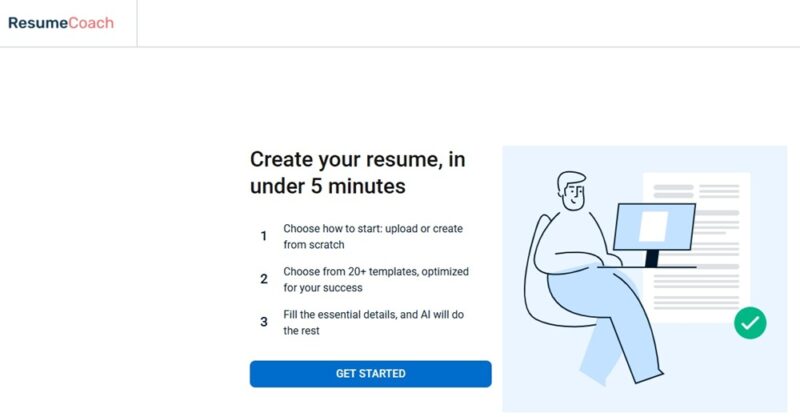 Initial screen after signup to get started creating a resume.