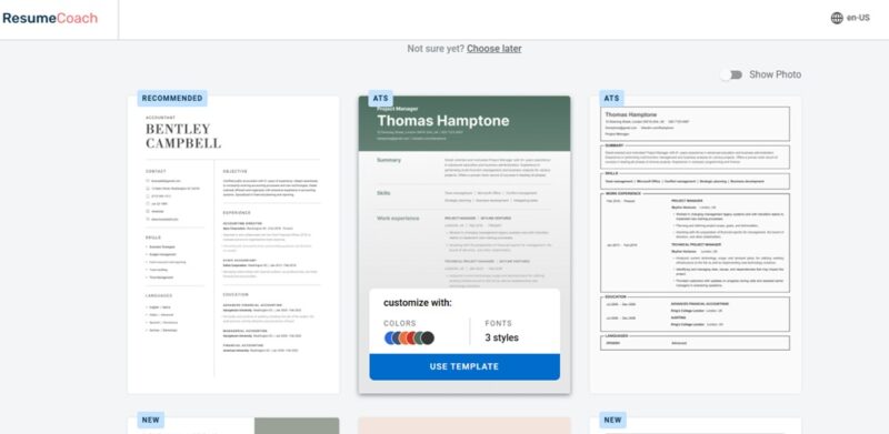 Choosing a template in ResumeCoach.