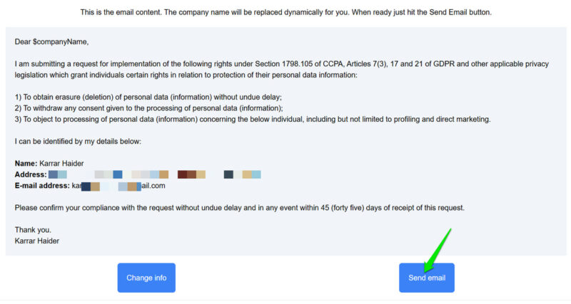 Email templating asking for removal of data