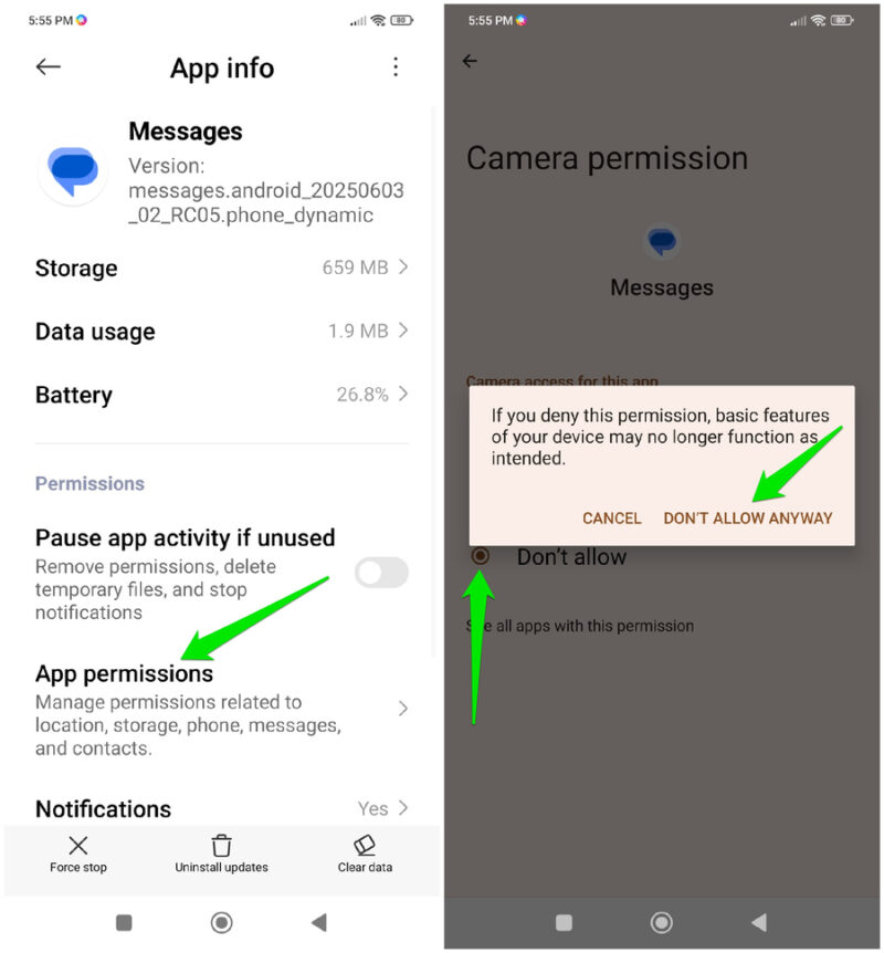 Disabling camera permissions for Google Messages