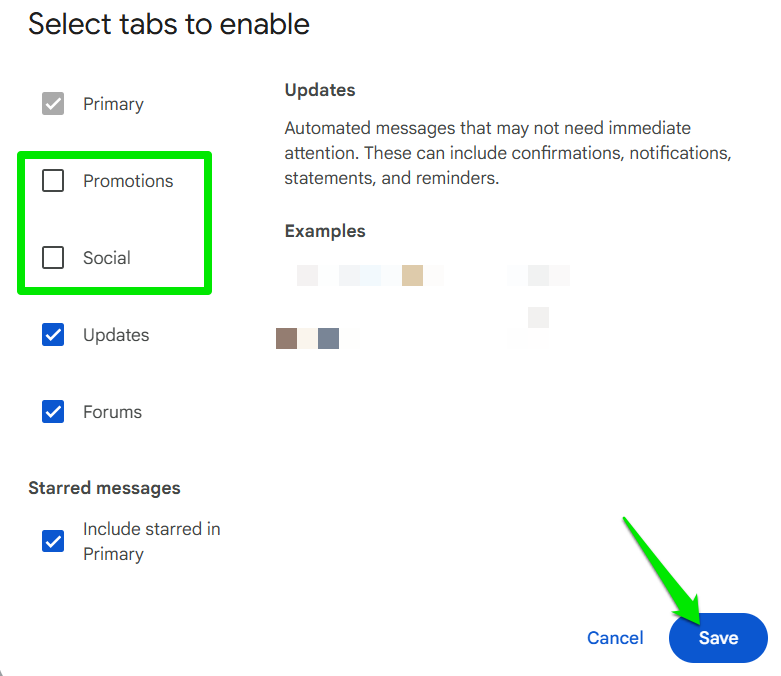 Gmail tab selection setting