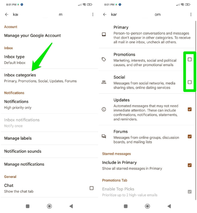 Gmail mobile app with promotions and social tabs disabled