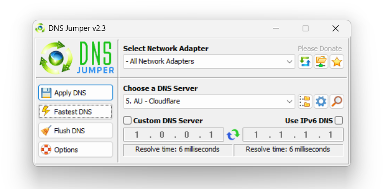 DNS Jumper main interface