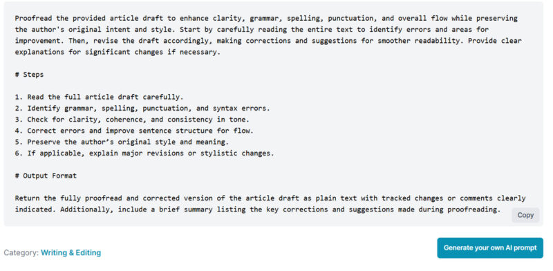 DocsBot AI Prompt Generator prompt for article proofreading