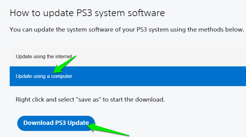 Sony PlayStation website with PS3 firmware update download button