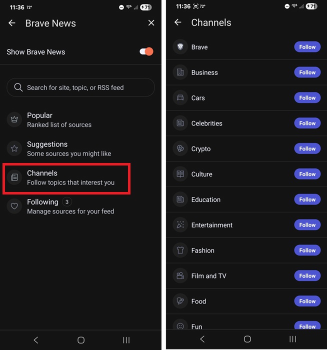 Adding channels on Brave News.