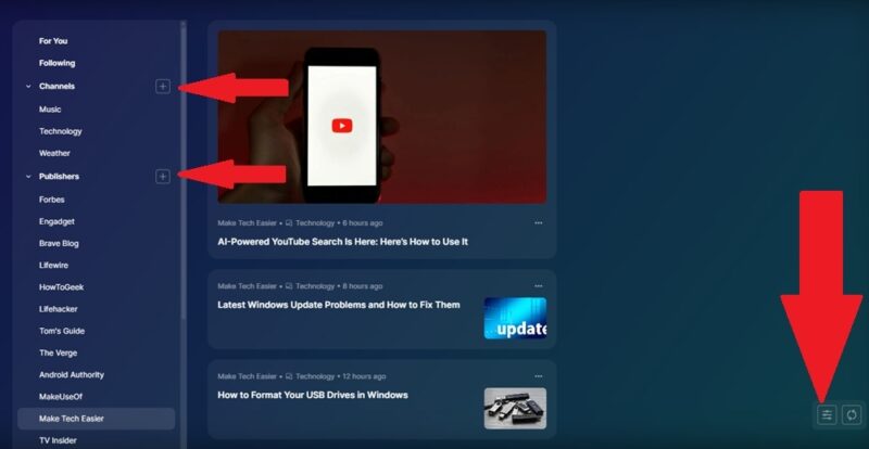 Accessing Brave News settings.