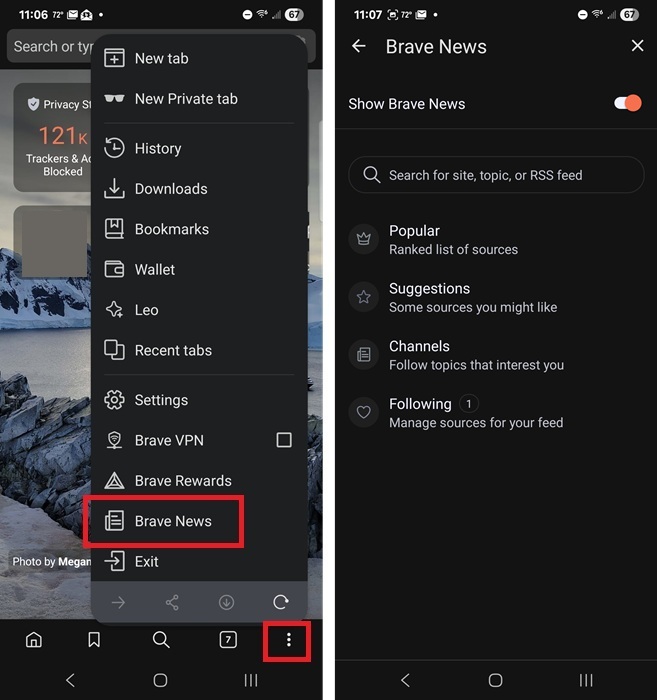 Accessing Brave News settings on mobile.