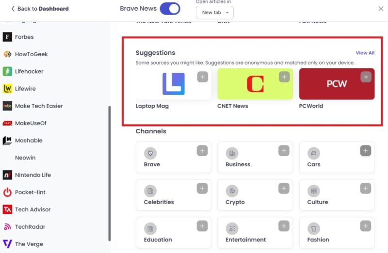 Adding suggested sources in Brave News.