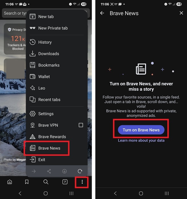 Turning on Brave News on Android mobile app.