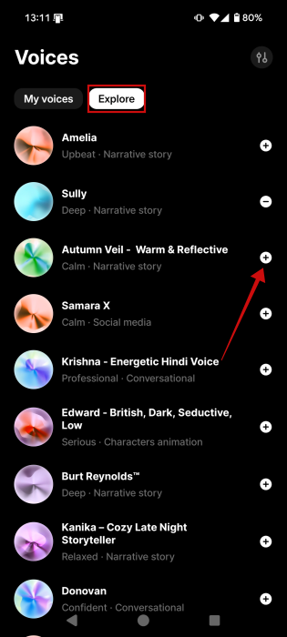 Adding new voice from Explore tab in ElevenLab app. 
