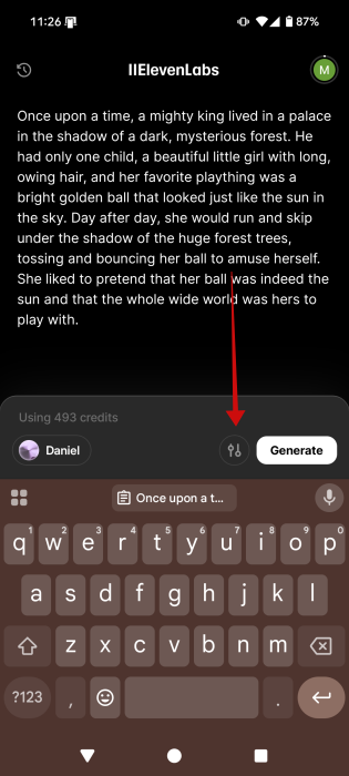 Tapping controls icon in ElevenLabs app. 