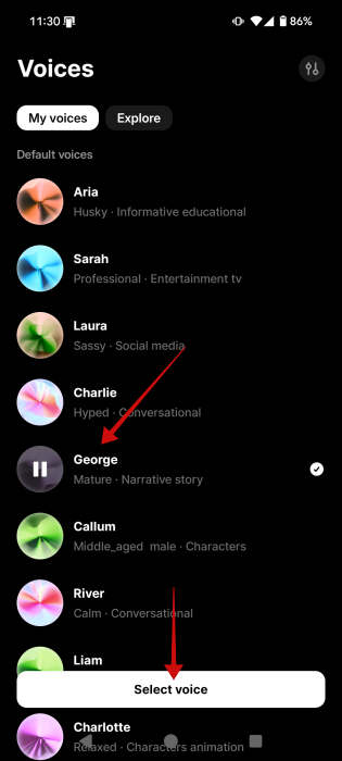 Selecting new voice in ElevenLabs app. 