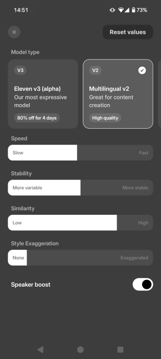 v2 model view in ElevenLabs app for mobile devices.