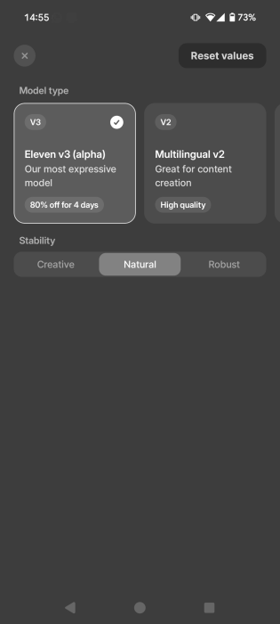 v3 model view in ElevenLabs app for mobile devices.