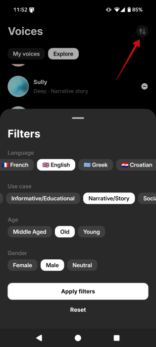 Adding filters to search for voices in ElevenLab app. 