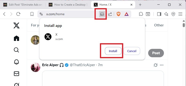 Install the desktop web app for X on Brave.
