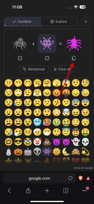 Pressing Copy button for emoji in Combine tab in Emoji Kitchen on the web on iPhone.