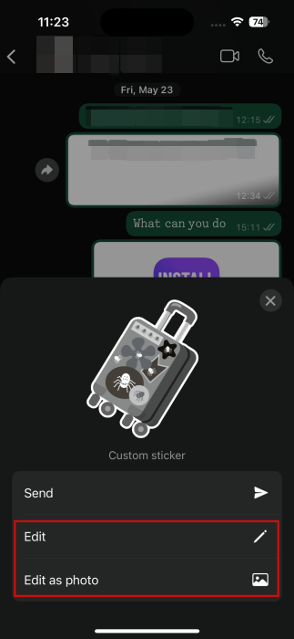 Editing options for custom emoji sent in WhatsApp.