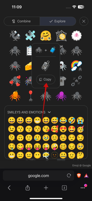 Copying emoji from Explore tab in Emoji Kitchen on the web on iPhone.