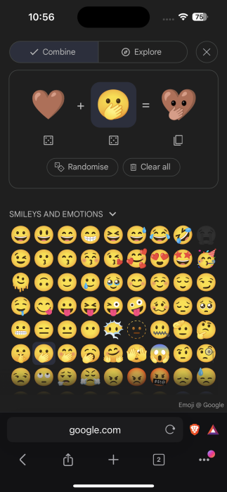 Mixing emojis in Emoji Kitchen on the web on iPhone.