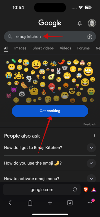 Pressing "Get cooking" button in Emoji Kitchen on the web on iPhone.