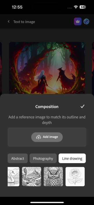 Opting to change composition for generated image in Firefly app on iPhone. 