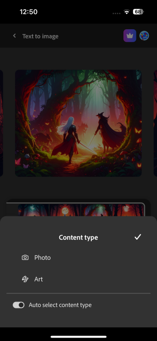 Changing "Content type" for generated image in Firefly app on iPhone. 