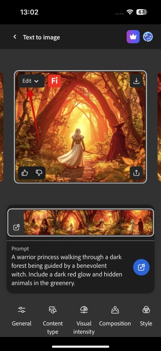 Pressing "Edit" button on generated image with Firefly app on iPhone. 