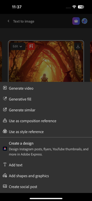 Editing options for generated image in Firefly app on iPhone. 