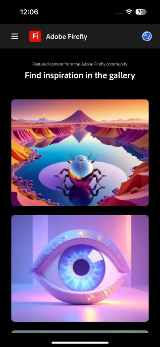 Browsing inspiration gallery in Firefly app on iPhone.