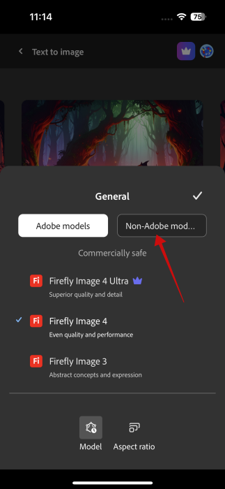Switching to a different generative model in Firefly app on iPhone. 
