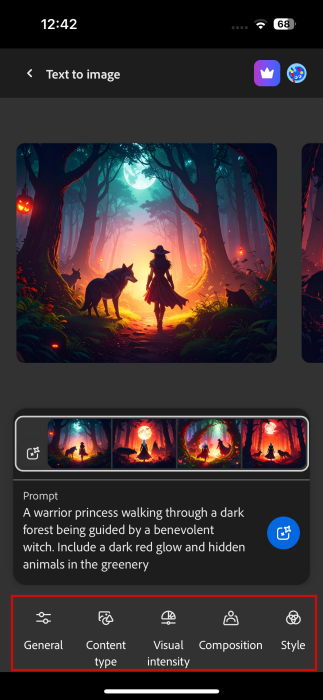 Editing menu view for image generated with Firefly app on iPhone. 