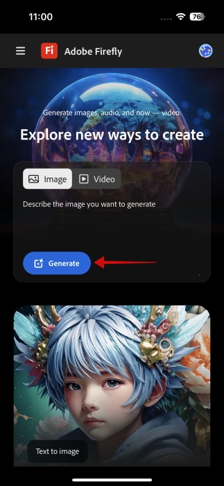Starting to generate a photo or video using Firefly app on iPhone. 