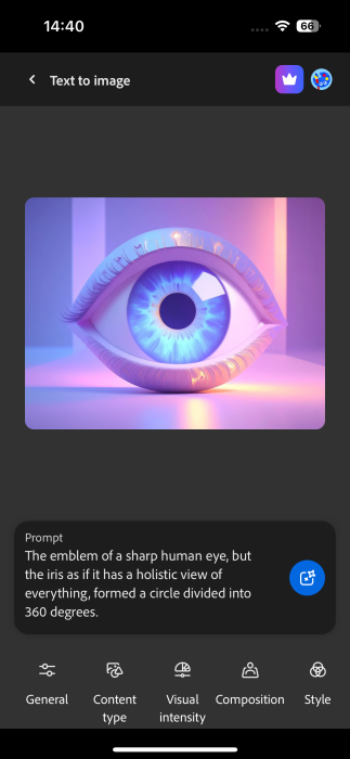Viewing prompt for pre-made image in Firefly app on iPhone.