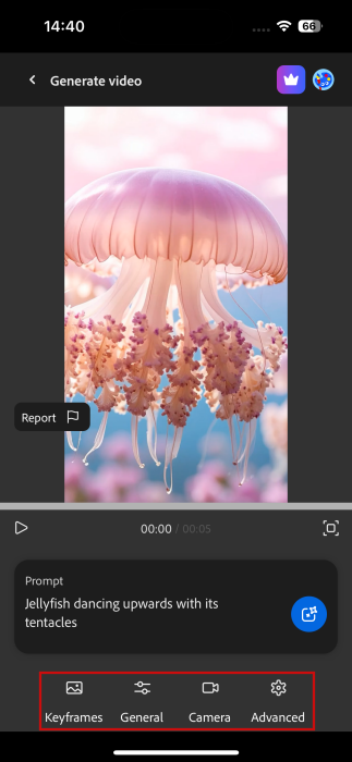 Editing options for video generated with AI using Firefly on iPhone. 