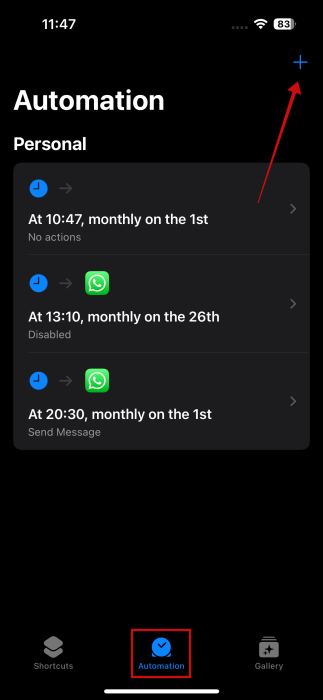 Creating new automation in Shortcuts app on iPhone.