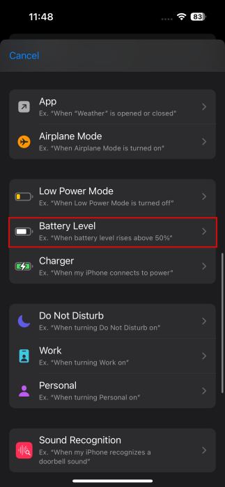 Selecting "Battery Level" option in Shortcuts app on iPhone. 
